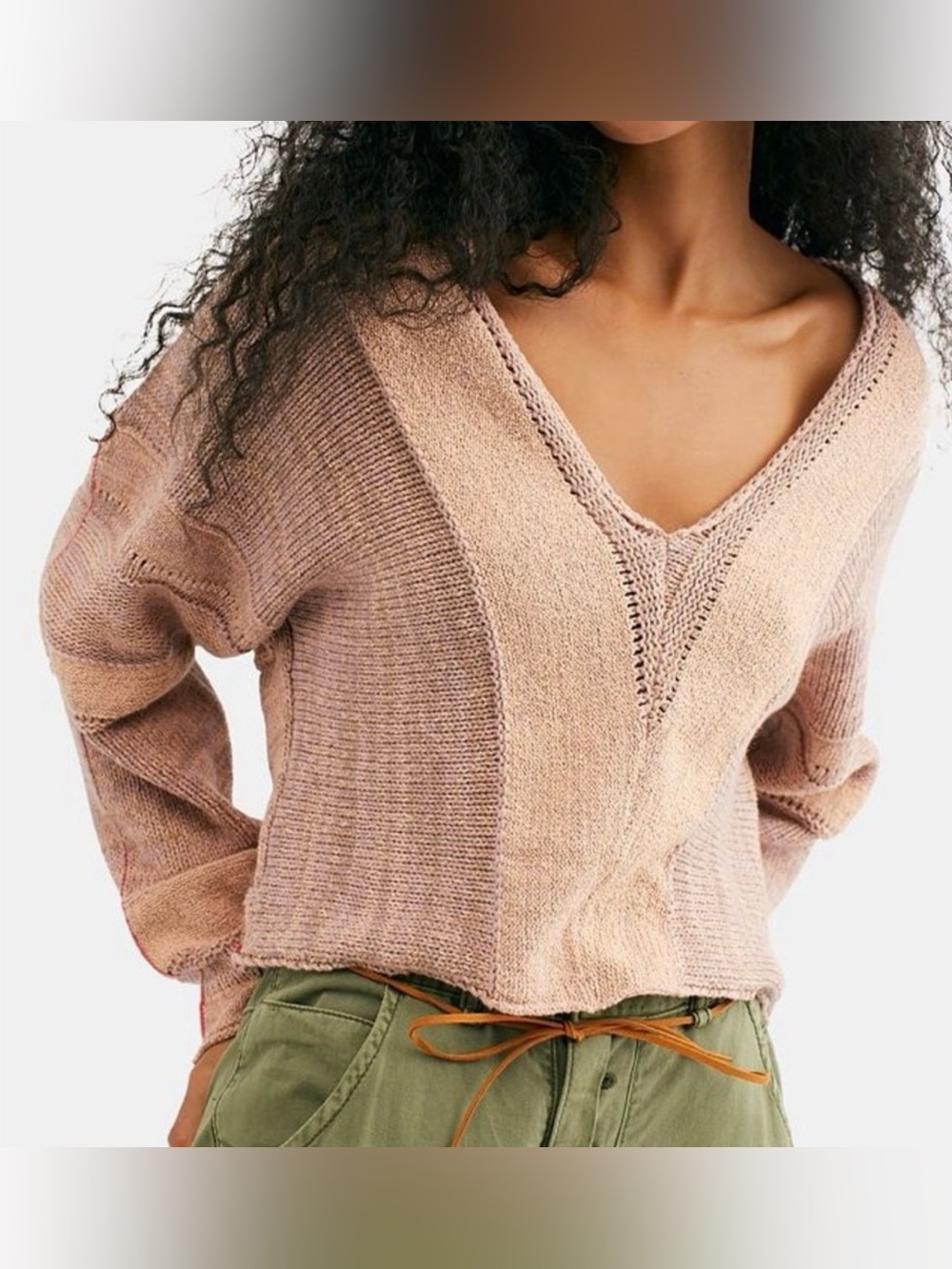 Free People Lemonade Stand Sweater Pink Melon Slouchy Oversized Knit Deep V Neck